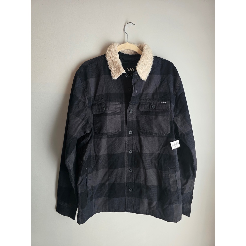 RVCA Mens Range Jacket Black Grey Plaid Sherpa Collar Canvas Button Up Medium